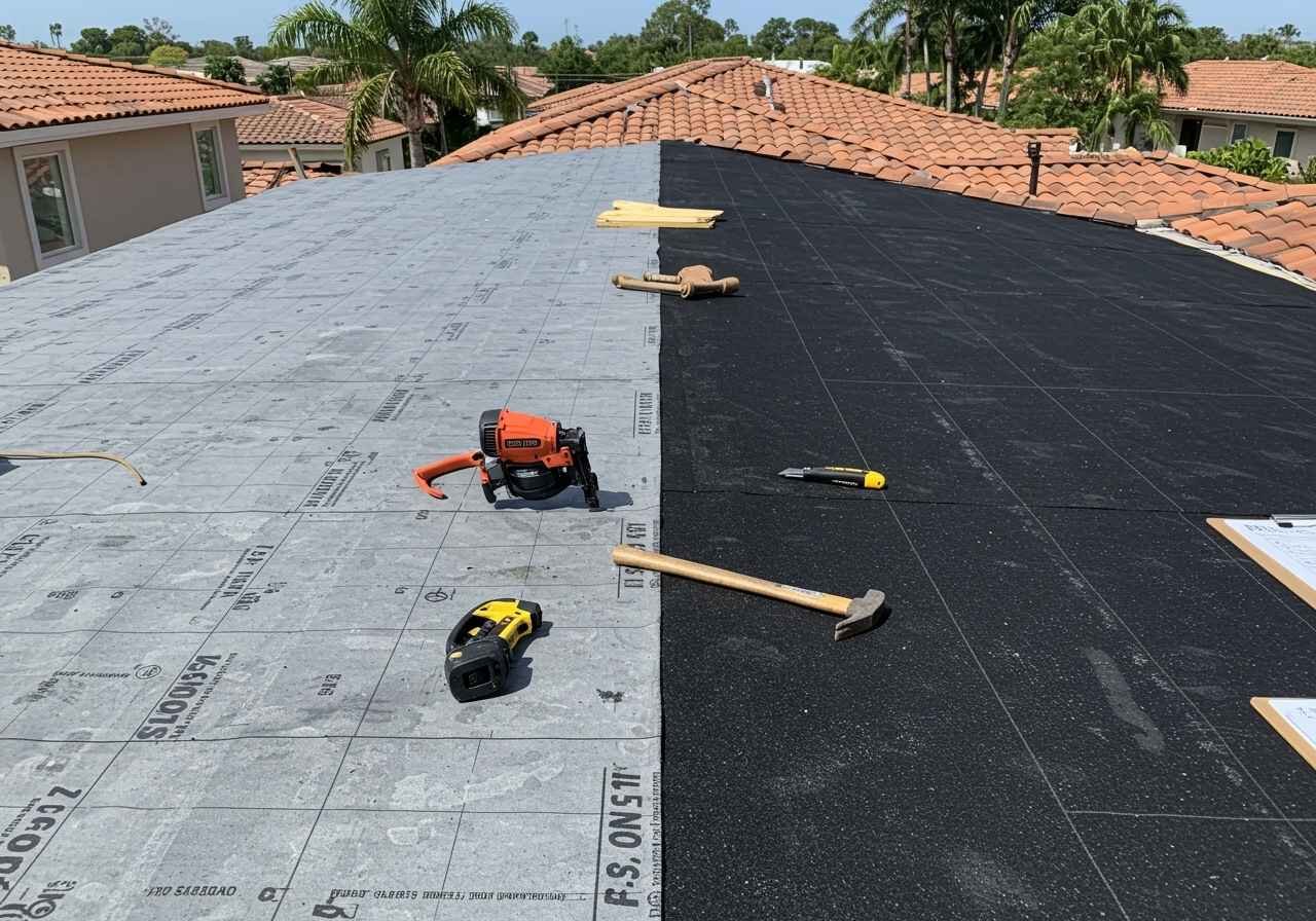 Embossed Synthetic Roofing Underlayment — installation in progress