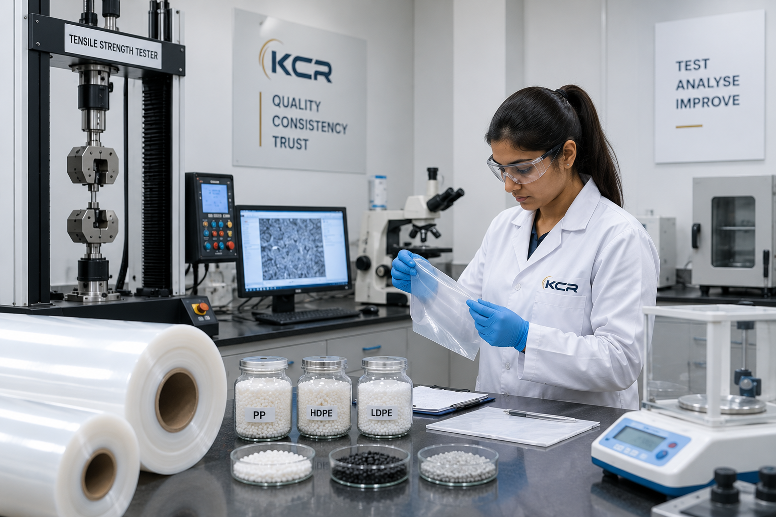KCR Global quality team inspecting nonwoven roll stock and finished goods at the quality check area